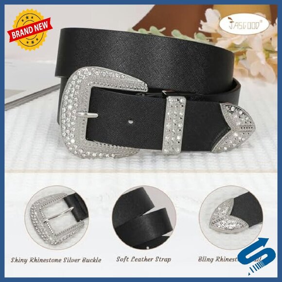 Western Leather Belt with Rhinestone Buckle for Women Size 26-44 main image 4